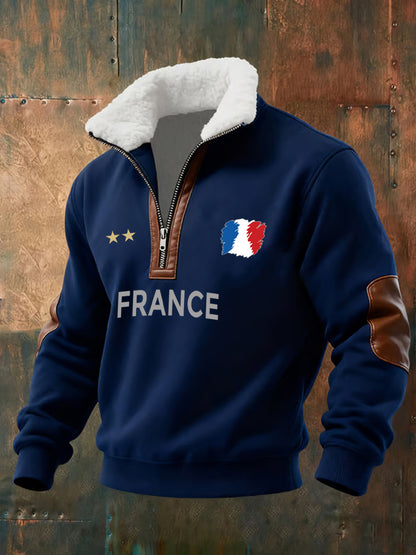 Sweat-shirt décontracté imprimé vintage pour homme avec col en polaire