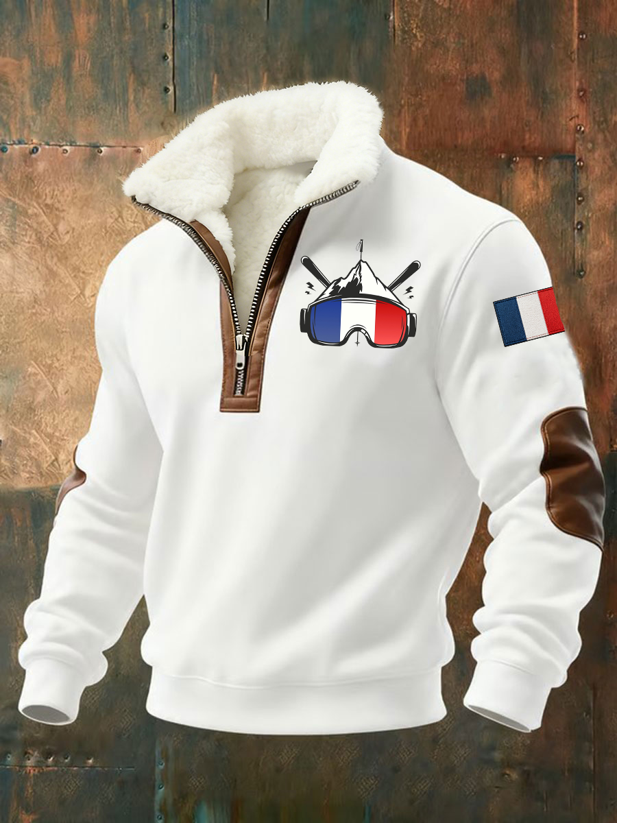 Sweat-shirt zippé à col montant en peluche Ski drapeau France pour homme
