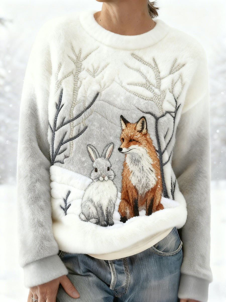Meilleur partenaire Fox And Bunny Print Sweat-shirt en flanelle décontracté pour femmes