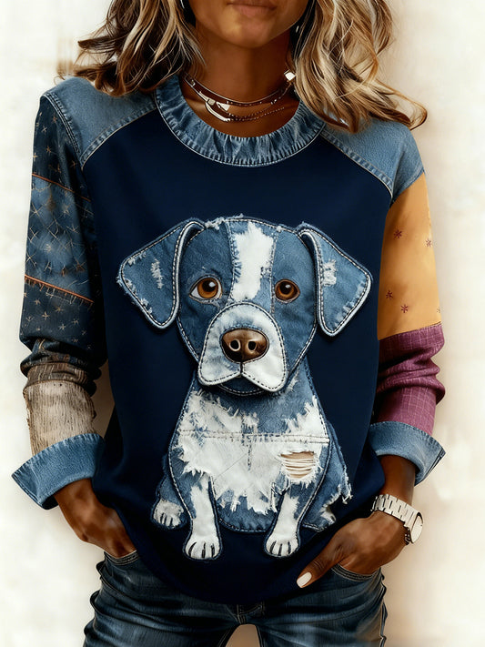 Retro Animal Art Print confortable Denim Patchwork Sweatshirt pour femmes