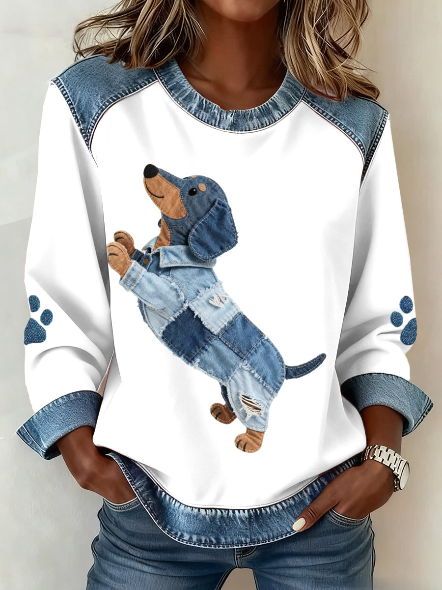 Lovely Dachshund Dog Pattern Denim Patchwork Sweatshirt des femmes