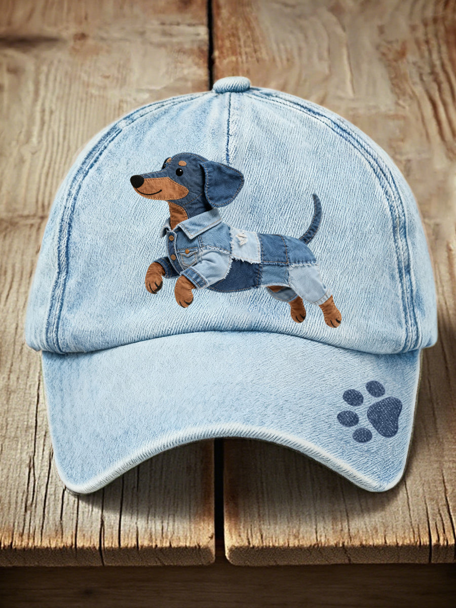 Chapeau de modèle de chien unisexe en denim patchwork teckel
