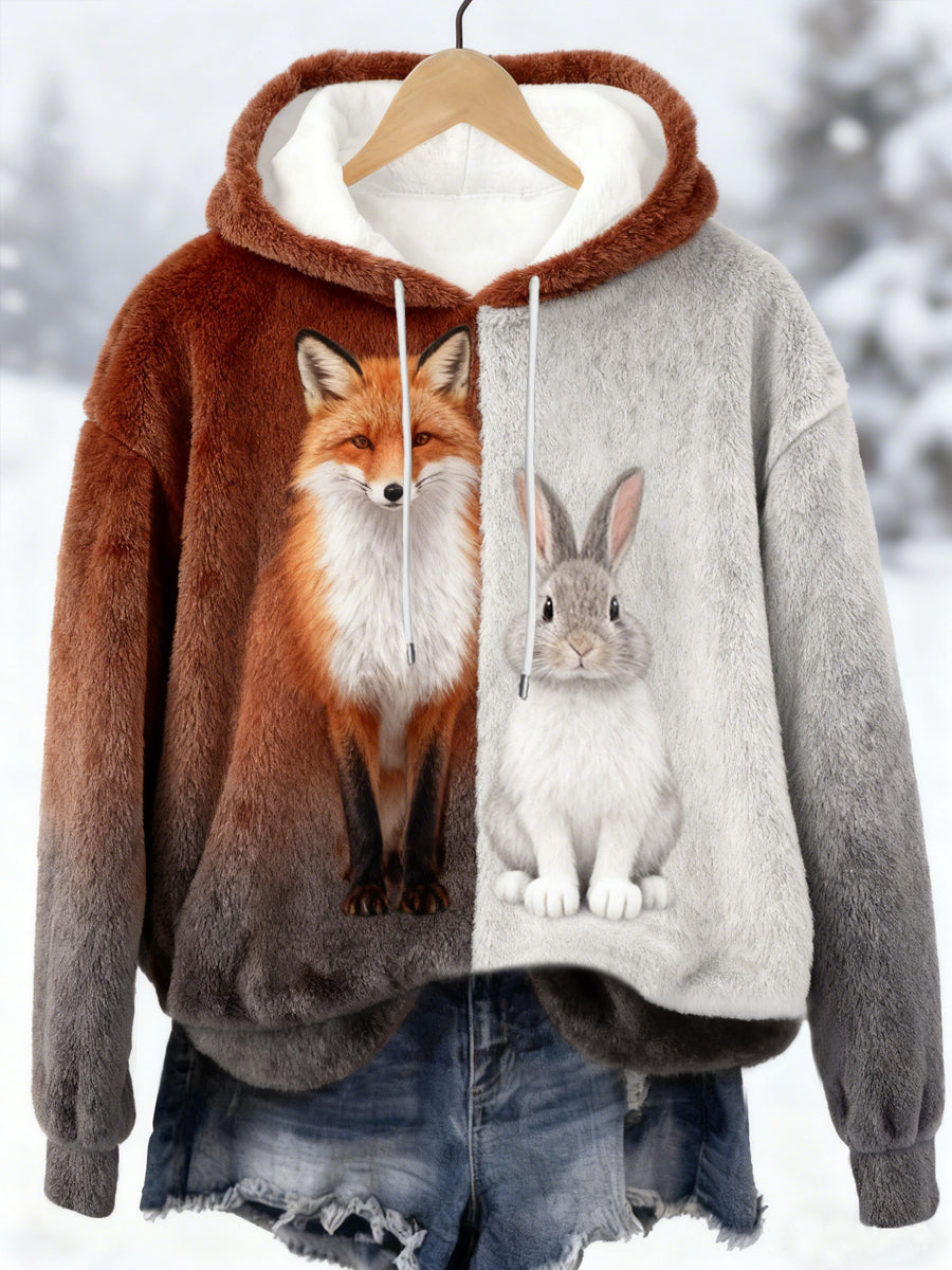 Sweat à Capuche Décontracté en Flanelle à Imprimé Renard et Lapin Meilleur Partenaire Femme
