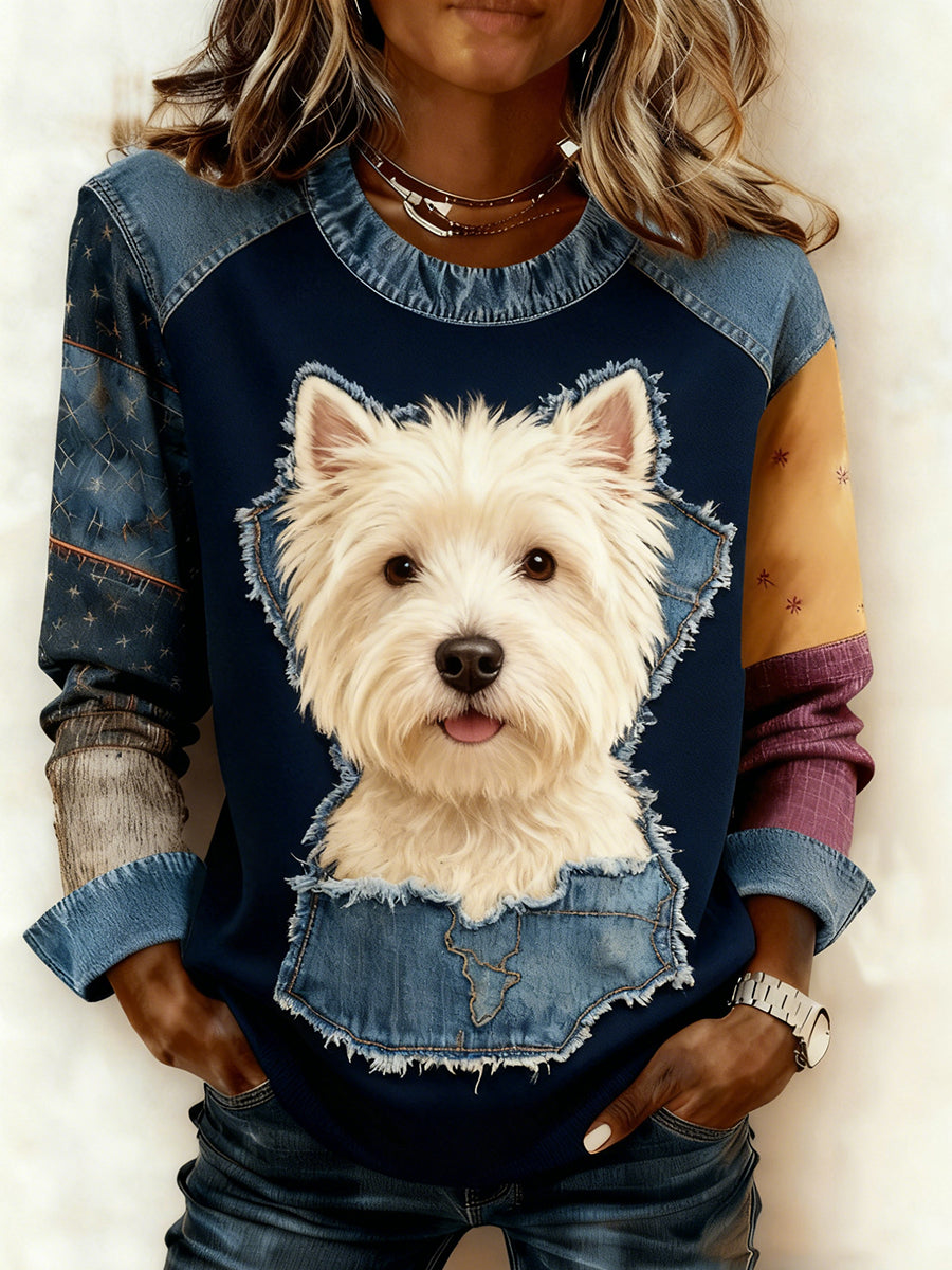 Retro Animal Art Print confortable Denim Patchwork Sweatshirt pour femmes