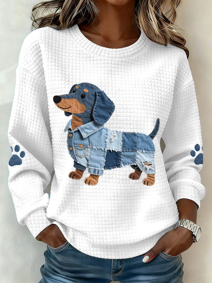 Femmes Denim Patchwork Teckel Chien Motif Waffle Sweatshirt