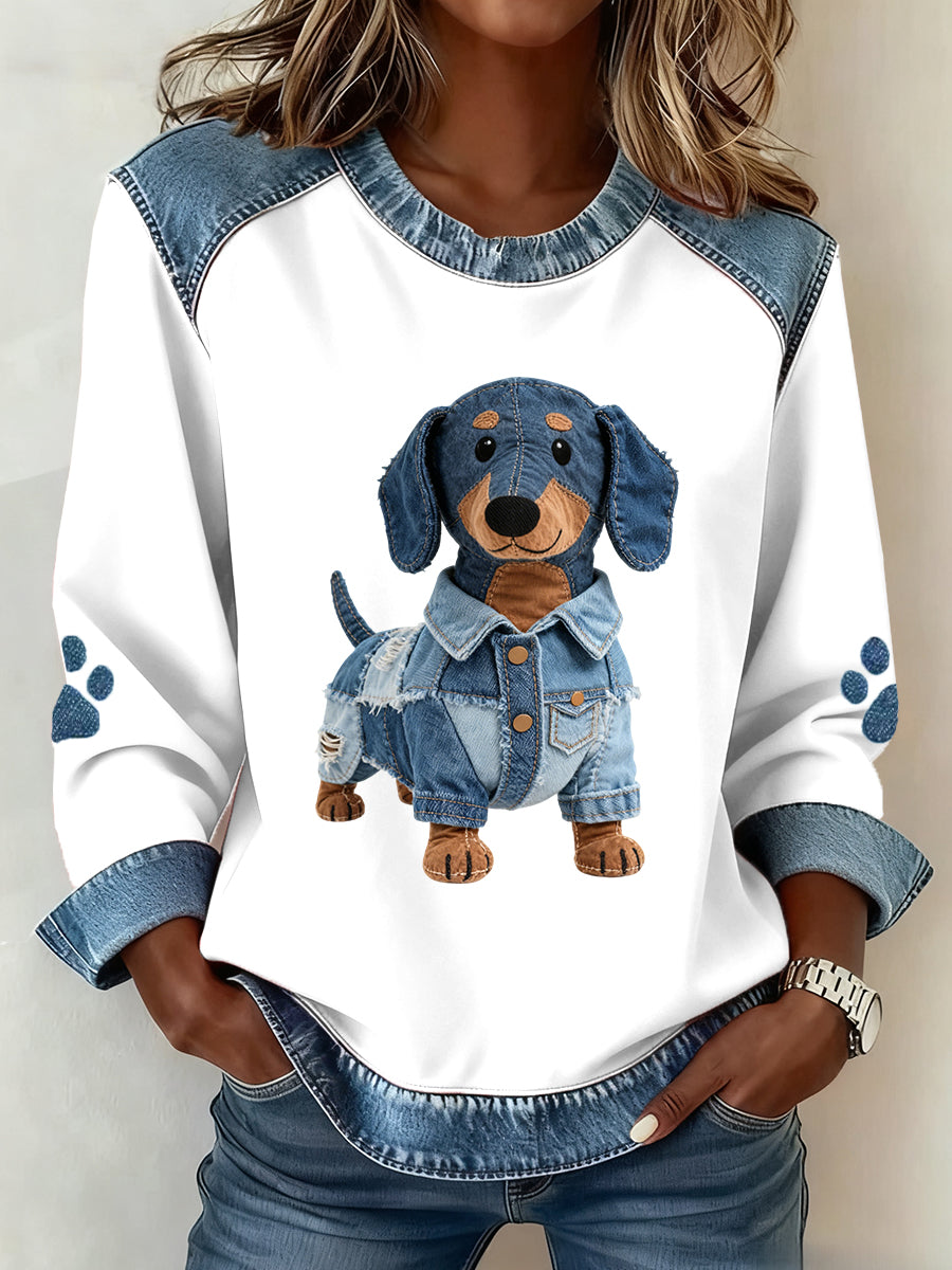 Lovely Dachshund Dog Pattern Denim Patchwork Sweatshirt des femmes