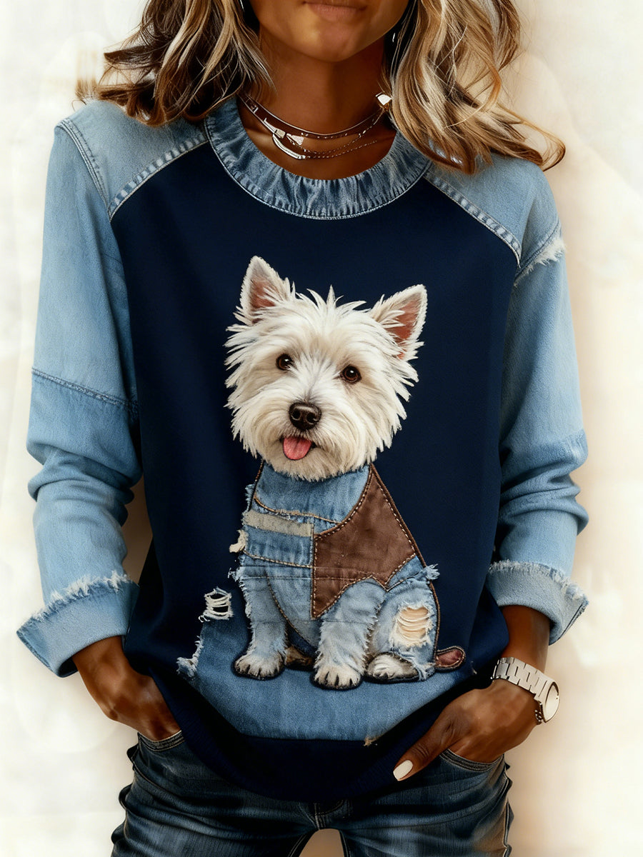 Retro Animal Art Print confortable Denim Patchwork Sweatshirt pour femmes