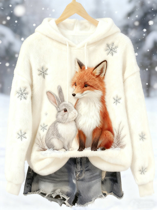 Sweat à Capuche Décontracté en Flanelle à Imprimé Renard et Lapin Meilleur Partenaire Femme