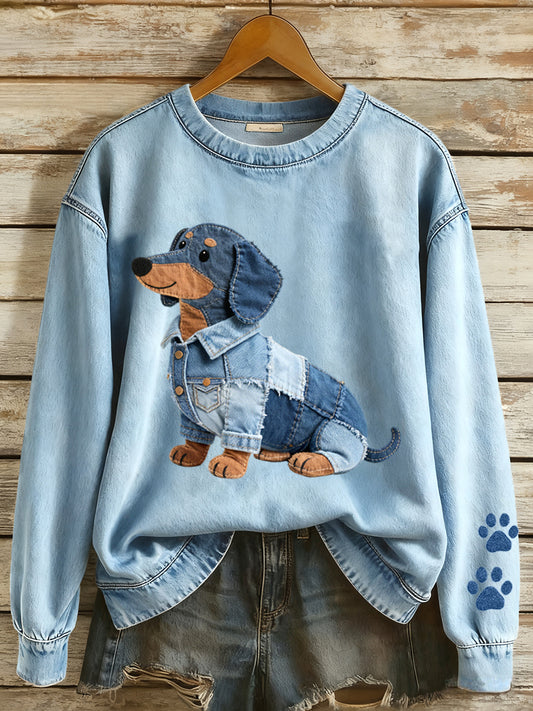 Femmes Denim Patchwork Art Teckel Chien Motif Sweatshirt