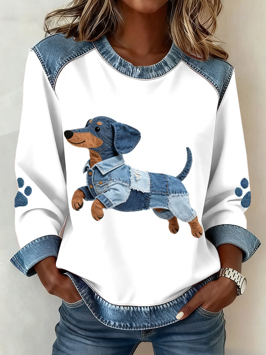 Lovely Dachshund Dog Pattern Denim Patchwork Sweatshirt des femmes