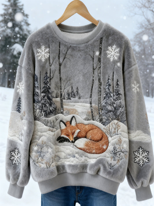 Hiver Fox Imprimer Flanelle Casual Sweatshirt Femme