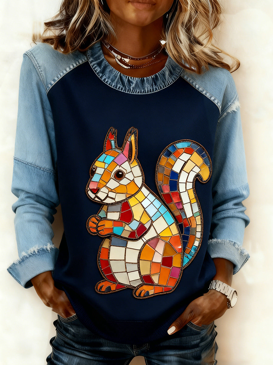 Retro Animal Art Print confortable Denim Patchwork Sweatshirt pour femmes