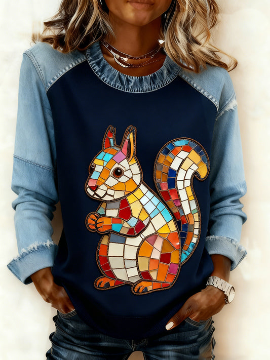 Retro Animal Art Print confortable Denim Patchwork Sweatshirt pour femmes