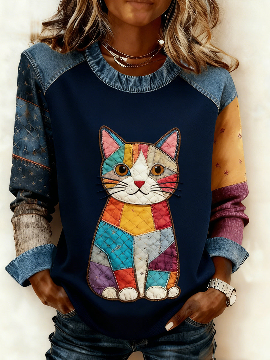 Retro Animal Art Print confortable Denim Patchwork Sweatshirt pour femmes