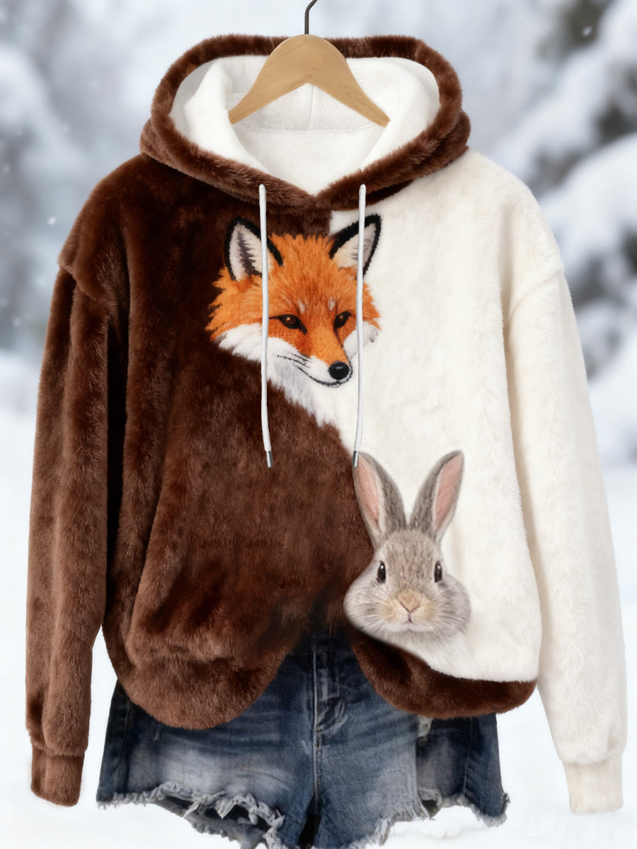 Sweat à Capuche Décontracté en Flanelle à Imprimé Renard et Lapin Meilleur Partenaire Femme