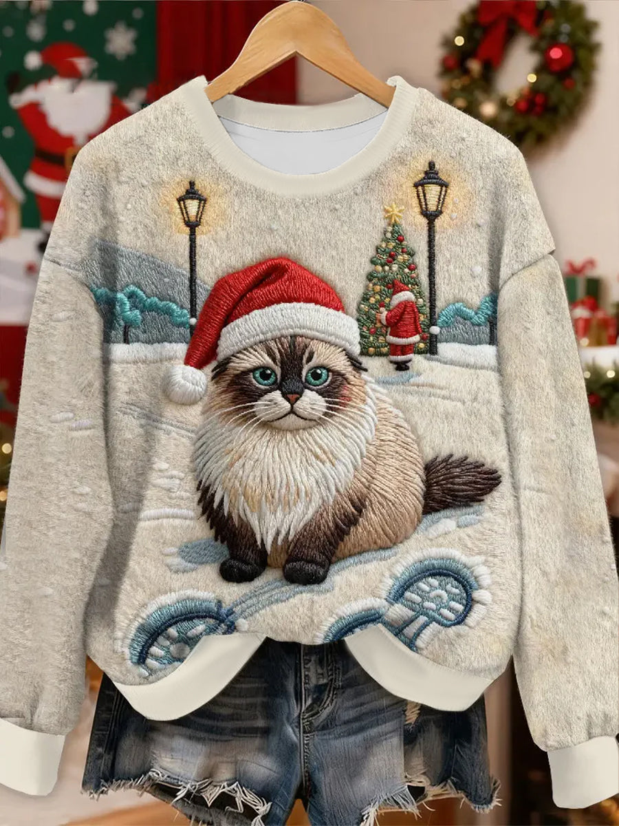 Sweat à capuche en flanelle de chat de Noël pour femmes