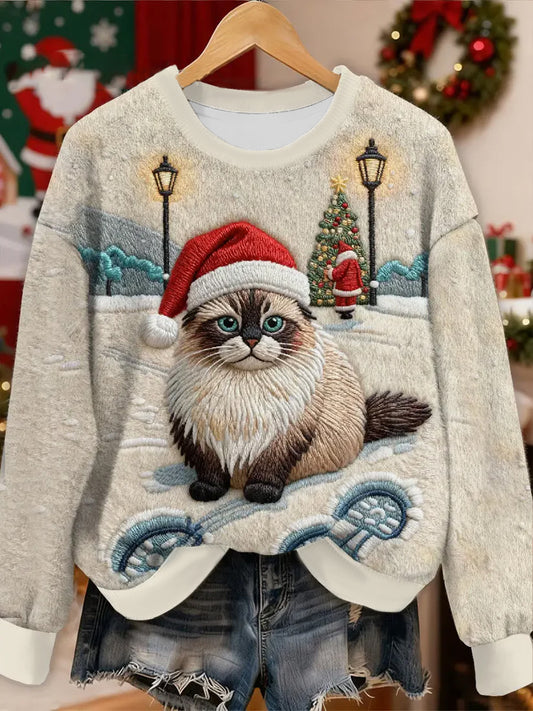 Sweat à capuche en flanelle de chat de Noël pour femmes