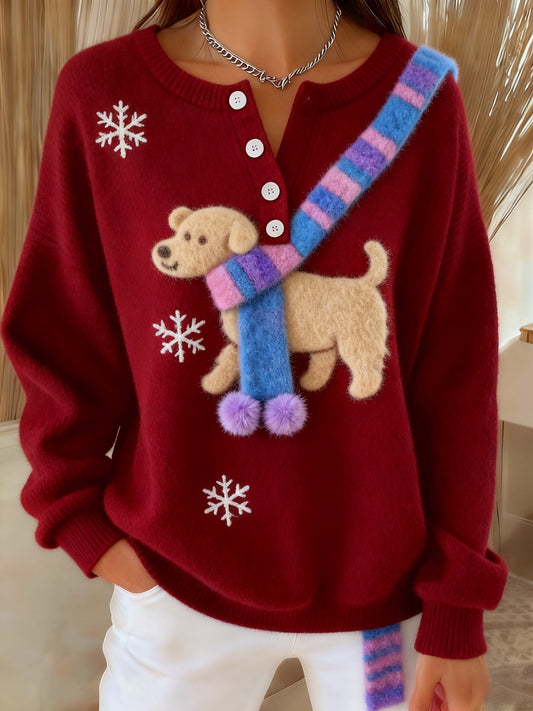 Femmes Rétro Mignon Fun Flocon De Neige Écharpe Chien Art Imprimer Boutonné Cardigan Pull
