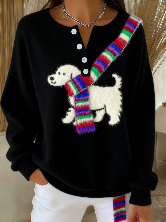 Les femmes rétro mignon Fun écharpe chien Art Print boutonné Cardigan Pull