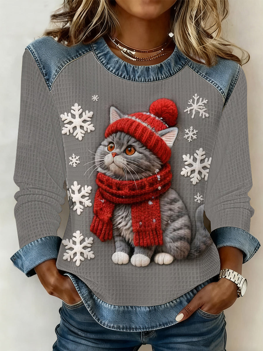 Femmes Mignon Chat De Noël Denim Patchwork Haut