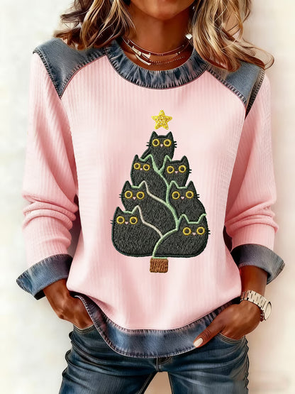 Femmes Mignon Chat Arbre De Noël Denim Patchwork Top
