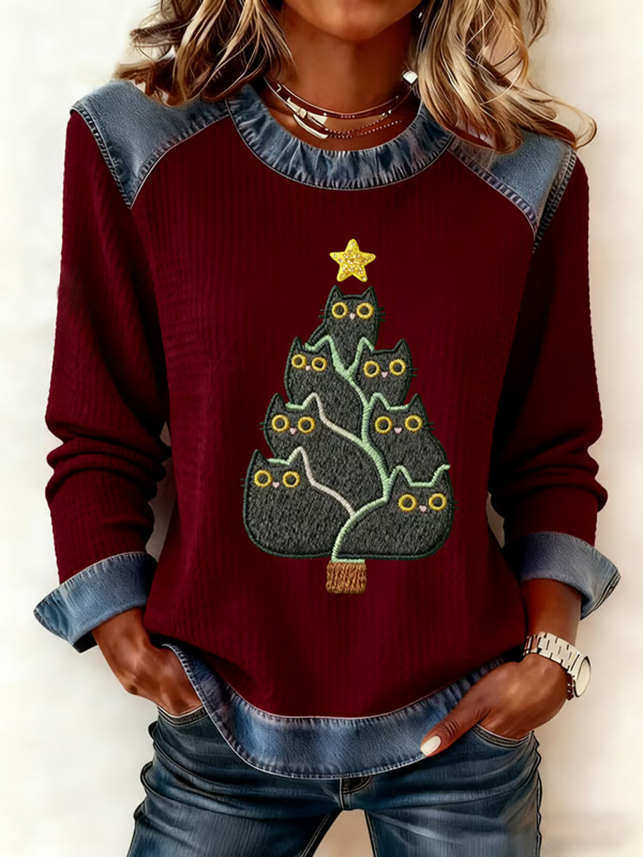 Femmes Mignon Chat Arbre De Noël Denim Patchwork Top
