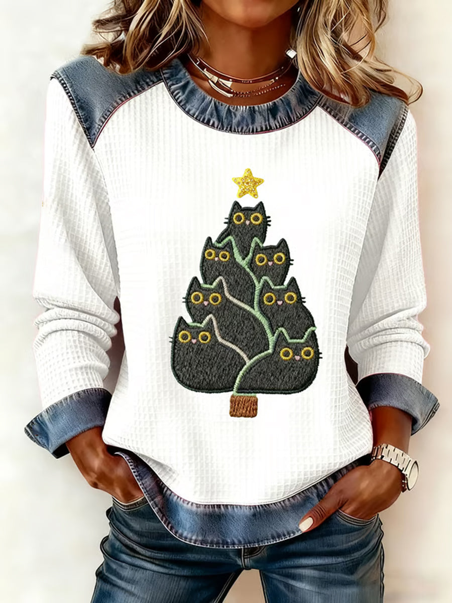Femmes Mignon Chat Arbre De Noël Denim Patchwork Top