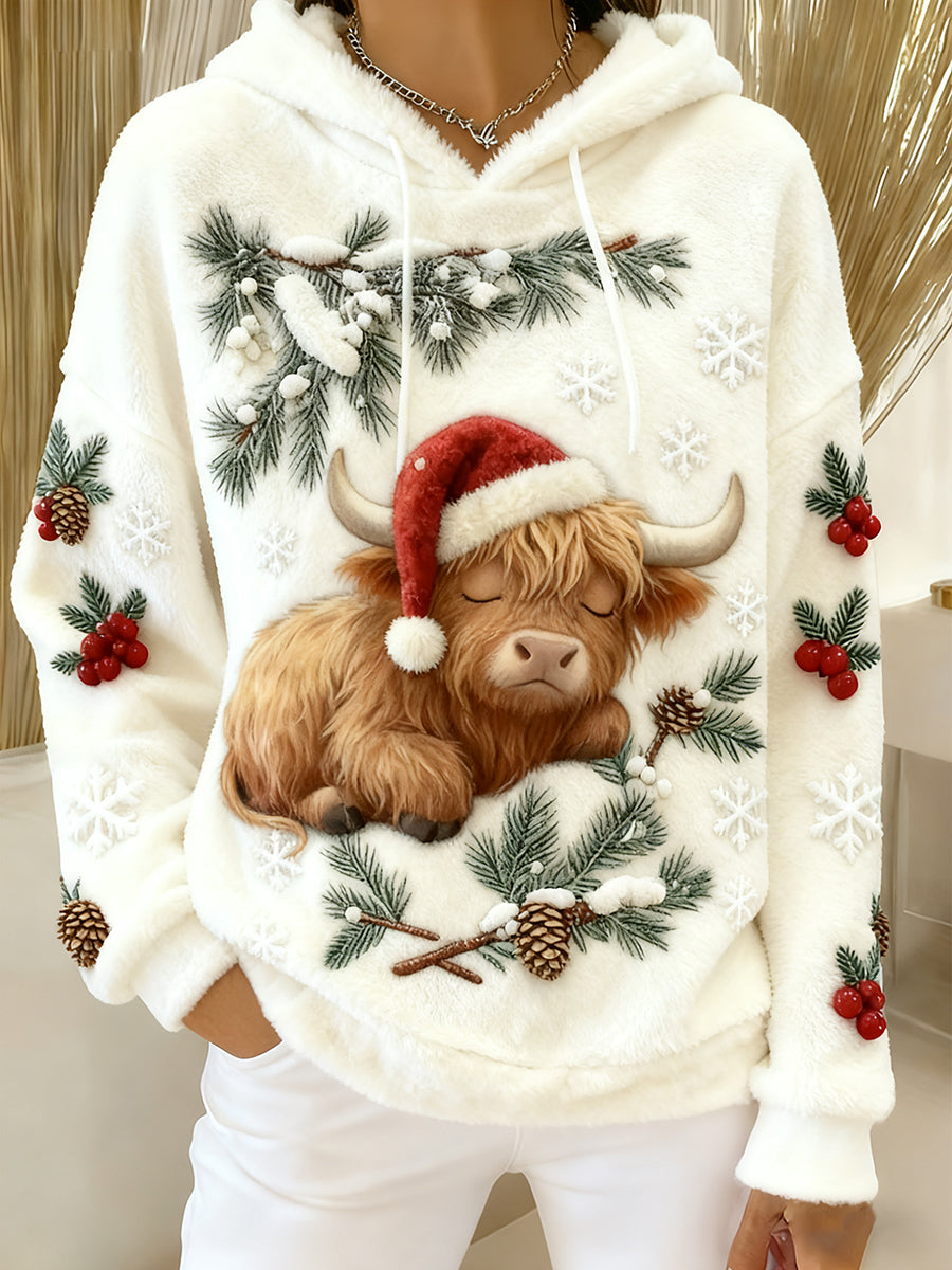 Sweat à capuche en flanelle de Noël pour femmes Highland Cattle