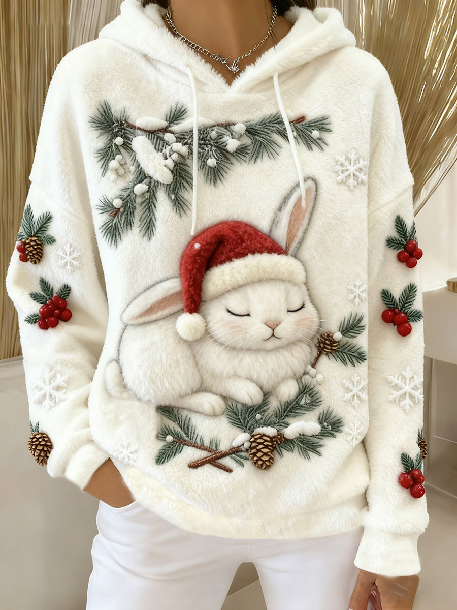 Sweat à capuche en flanelle lapin mignon de Noël pour femmes