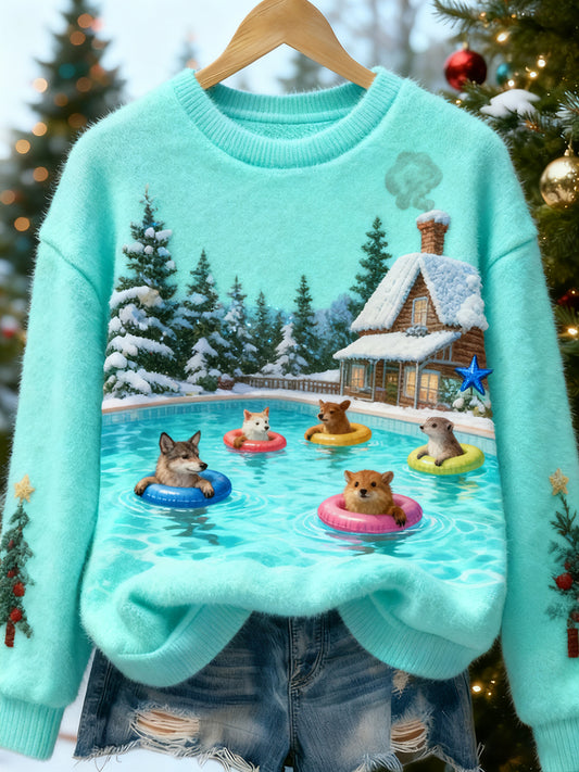 Top Décontracté en Flanelle Imprimé Art de Noël Animal Rétro Femme