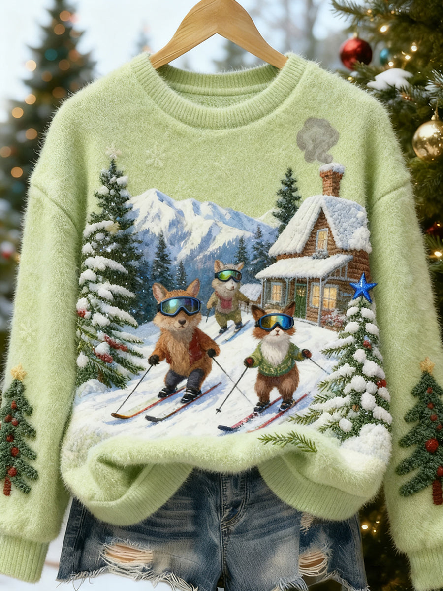 Top Décontracté en Flanelle Imprimé Art de Noël Animal Rétro Femme