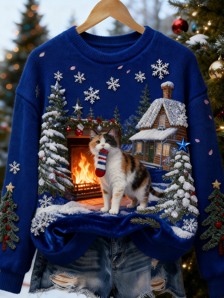 Top Décontracté en Flanelle Imprimé Art de Noël Animal Rétro Femme