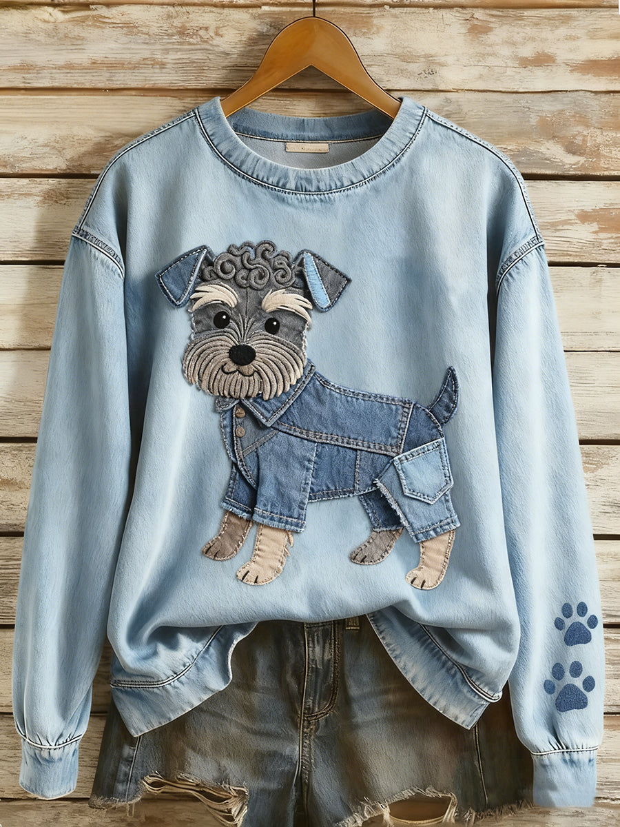 Rétro Denim Patchwork Animal Art Print Casual Comfort Sweat-shirt à manches longues pour femmes