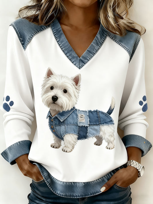 Femmes Rétro V-cou Denim Patchwork Animal Print Casual Confort Top