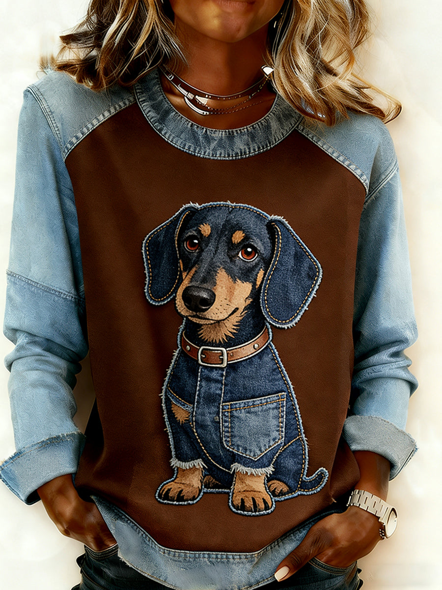 Retro Animal Art Print confortable Denim Patchwork Sweatshirt pour femmes