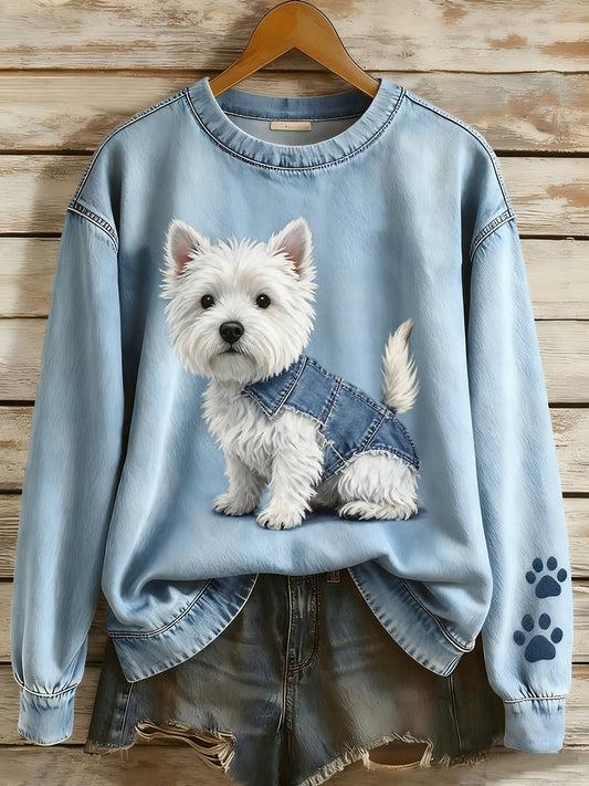 Rétro Denim Patchwork Animal Art Print Casual Comfort Sweat-shirt à manches longues pour femmes