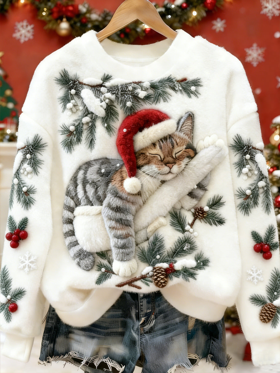 Mignon de Noël Cat Art Print Casual Flanelle Hoodie des femmes
