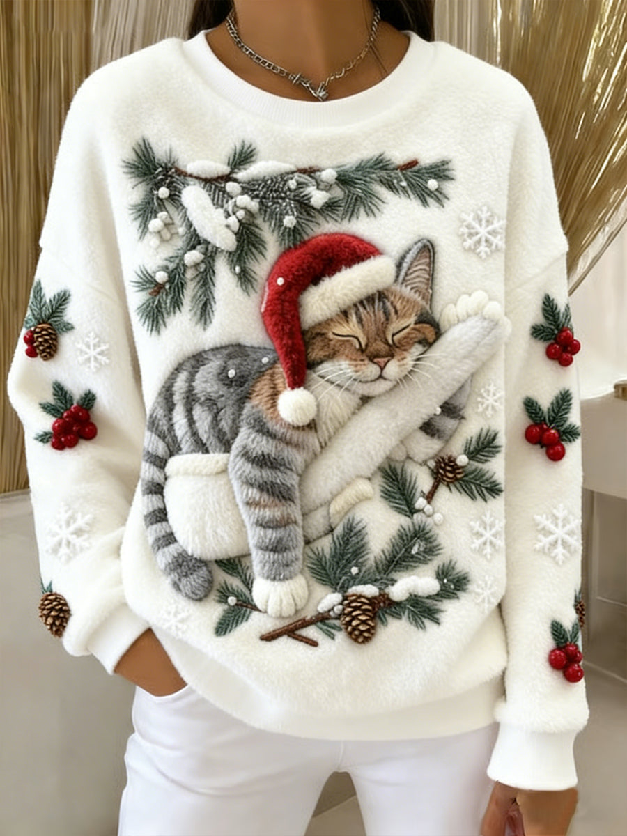 Mignon de Noël Cat Art Print Casual Flanelle Hoodie des femmes