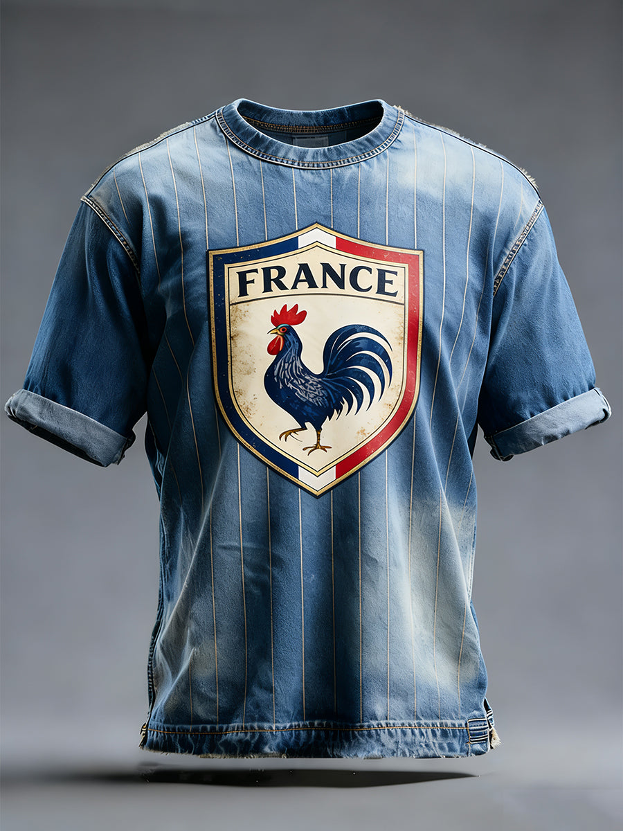 T-shirt décontracté à col rond gaulois drapeau français pour homme