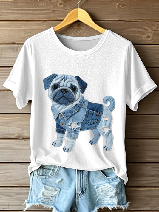 Lovely Pug Dog Denim Patchwork T-Shirt des femmes