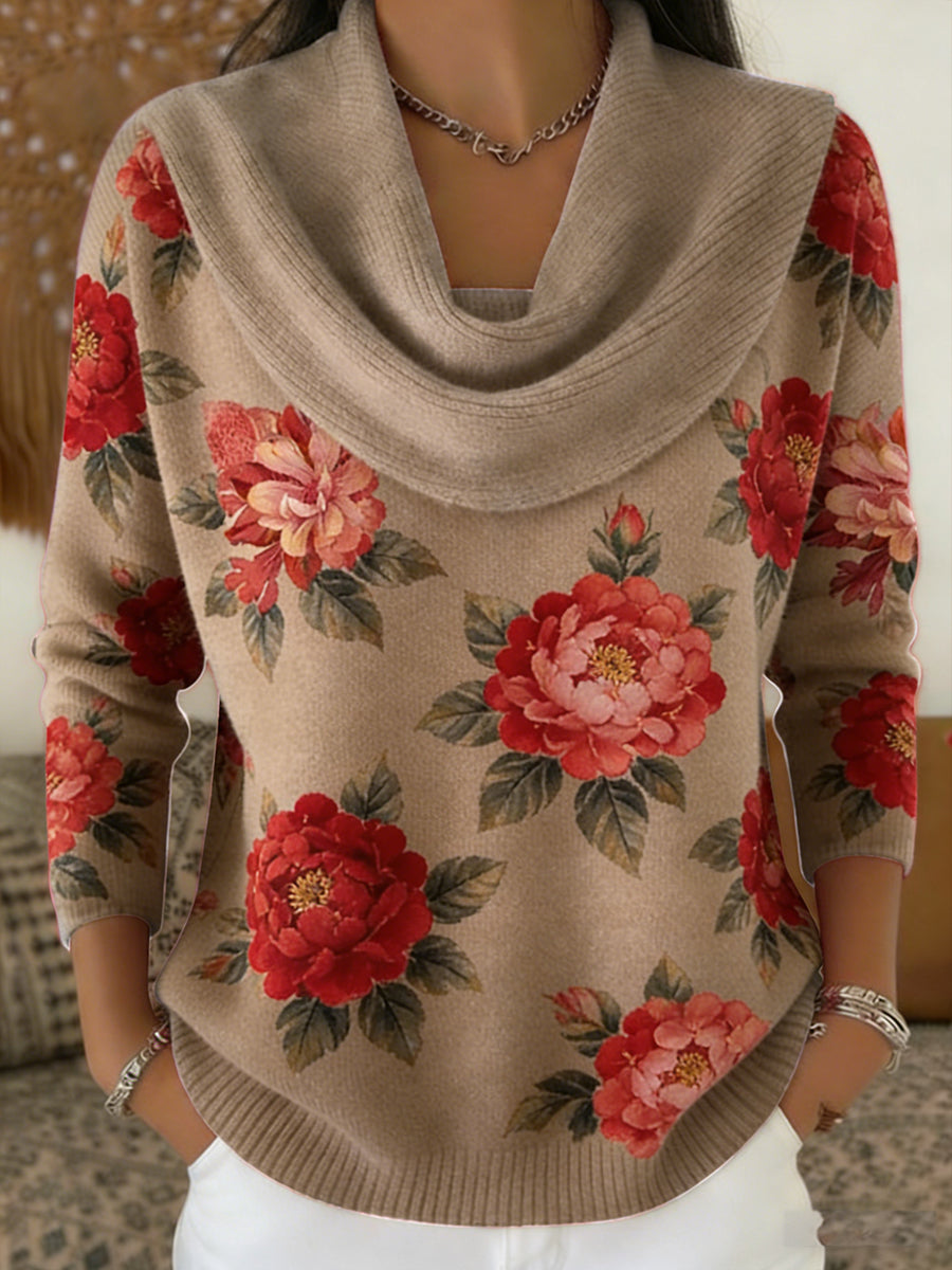 Haut en tricot confortable à imprimé floral rétro pour femmes