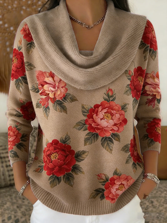 Haut en tricot confortable à imprimé floral rétro pour femmes