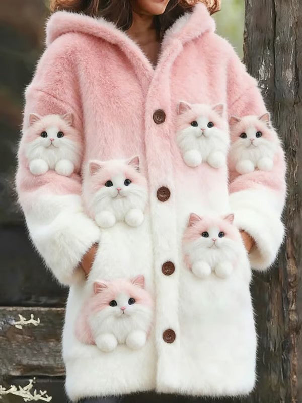 Veste chaude en flanelle à imprimé chat animal pour femmes