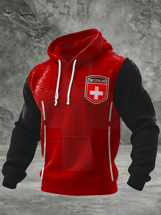 Sweat à capuche homme imprimé Swiss Shield rouge et noir gaufré