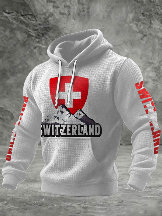 Sweat-shirt Homme Croquant En Tricot Gaufré Blanc Bouclier Suisse Et Montagne
