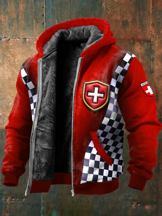 Costume de course à carreaux avec logo du drapeau suisse pour hommes, veste doublée de leece