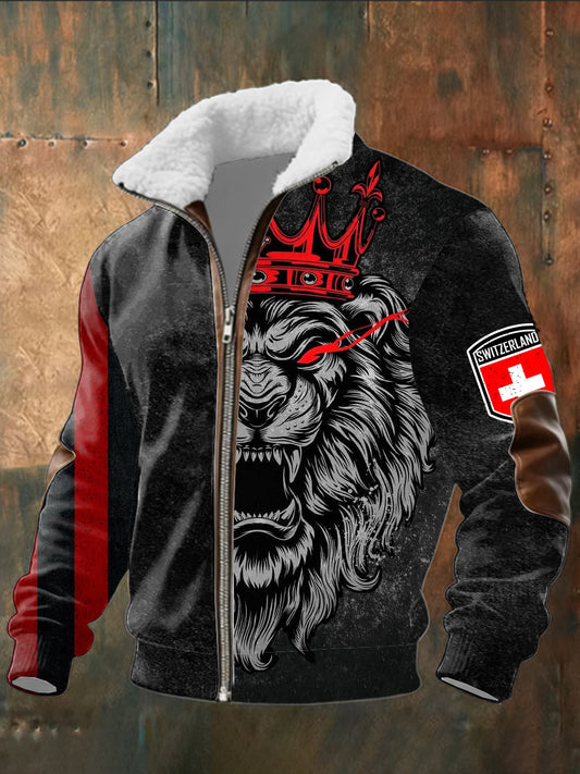 Veste zippée doublée sherpa pour homme avec imprimé croix suisse féroce Crown Lion