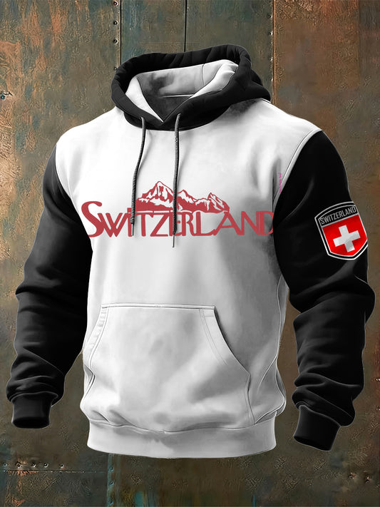 Hommes Élégant Rouge Swiss Mountain Imprimer Color-Block Hoodie