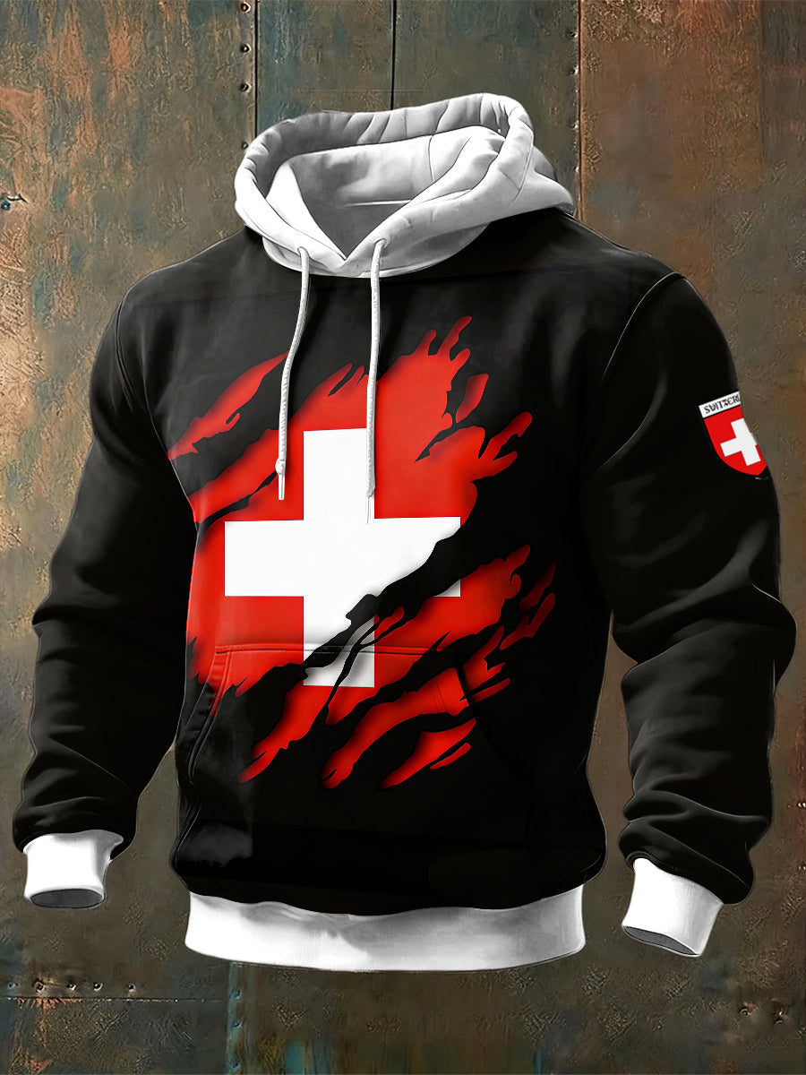 Sweat-shirt à capuche noir à imprimé drapeau suisse pour homme
