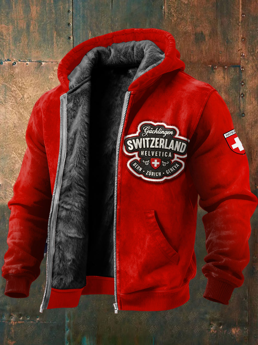 Veste Homme Switzerland Patchwork Imprimé Rouge Doublée Polaire